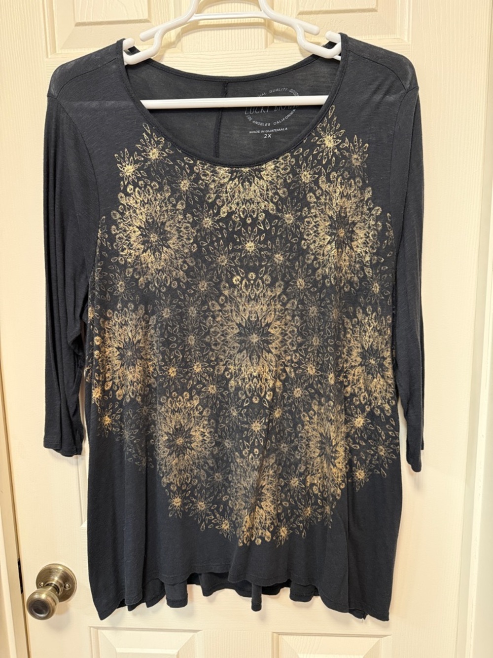 Lucky Brand Black Long Sleeve Tee with Gold Medallion Print